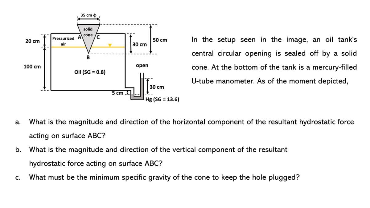 a.
20 cm
C.
100 cm
Pressurized
air
35 cm
A
solid
cone
B
C
Oil (SG = 0.8)
5 cm
30 cm
open
50 cm
30 cm
__
Hg (SG = 13.6)
What is the magnitude and direction of the horizontal component of the resultant hydrostatic force
acting on surface ABC?
b. What is the magnitude and direction of the vertical component of the resultant
hydrostatic force acting on surface ABC?
What must be the minimum specific gravity of the cone to keep the hole plugged?
In the setup seen in the image, an oil tank's
central circular opening is sealed off by a solid
cone. At the bottom of the tank is a mercury-filled
U-tube manometer. As of the moment depicted,