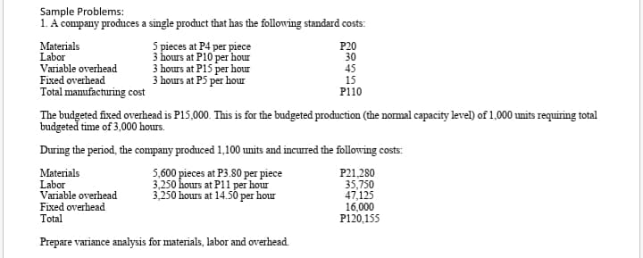Sample Problems:
1. A company produces a single product that has the following standard costs:
Materials
Labor
Variable overhead
5 pieces at P4 per piece
3 hours at P10 per hour
3 hours at P15 per hour
3 hours at P5 per hour
P20
30
45
15
Fixed overhead
Total manufacturing cost
P110
The budgeted fixed overhead is P15,000. This is for the budgeted production (the normal capacity level) of 1,000 units requiring total
budgeted time of 3,000 hours.
During the period, the company produced 1,100 units and incurred the following costs:
Materials
Labor
Variable overhead
Fixed overhead
Total
5,600 pieces at P3.80 per piece
3,250 hours at P11 per hour
3,250 hours at 14.50 per hour
P21,280
35,750
47,125
16,000
P120,155
Prepare variance analysis for materials, labor and overhead.

