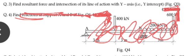 Q. 3) Find resultant force and intersection of its line of action with Y-axis (i.e., Y intercept) (Fig. Q3)
600
Q. 4) Find reactions at support A 19-ibig 04.40
400 KN
Al
Fig. Q4
3m