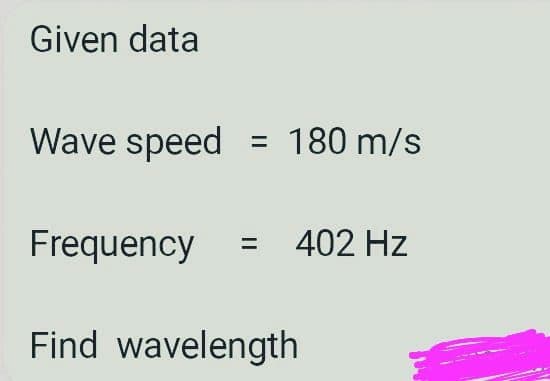 Given data
Wave speed
180 m/s
Frequency
402 Hz
%3D
Find wavelength
