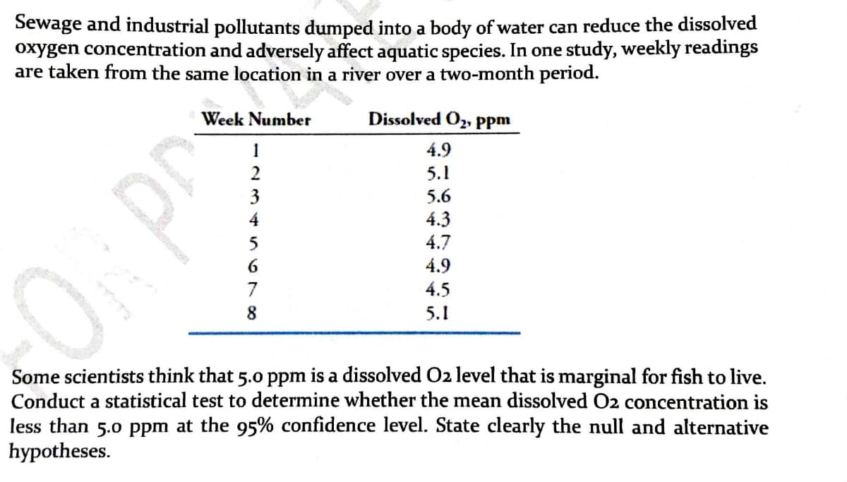 Sewage and industrial pollutants dumped into a body of water can reduce the dissolved
oxygen concentration and adversely affect aquatic species. In one study, weekly readings
are taken from the same location in a river over a two-month period.
Week Number
Dissolved O2, ppm
1
4.9
2
5.1
3
5.6
4.3
4.7
4.9
4.5
8.
5.1
Some scientists think that 5.0 ppm is a dissolved O2 level that is marginal for fish to live.
Conduct a statistical test to determine whether the mean dissolved O2 concentration is
less than 5.0 ppm at the 95% confidence level. State clearly the null and alternative
hypotheses.
OPP

