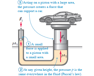 3 Acting on a piston with a large area,
the pressure creates a force that
can support a car.
pAA OA small
force is applied
to a piston with
a small area.
PA2
any given height, the pressure p is the
same everywhere in the fluid (Pascal's law).
2) At
