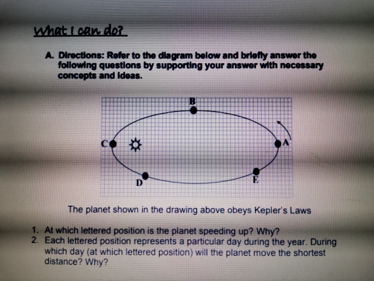 What I can do?
A. Directions: Refer to the diagram below and brlefly answer the
following questlons by supporting your answer with necessary
concepts and Ideas.
The planet shown in the drawing above obeys Kepler's Laws
1. At which lettered position is the planet speeding up? Why?
2. Each lettered position represents a particular day during the year. During
which day (at which lettered position) will the planet move the shortest
distance? Why?
