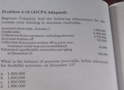 Problem 4-10 (AICPA Adapted)
Rapture Company had the following information for
eurrent year relating to accounta receivable:
13000
50000
4.750.000
125.000
Accounts receivable, January 1
Credit eales
Collectiona from customers, excluding recovery
Accounta written off
Collection of accounta written off in prior year.
customer credit waa not reestablished
Eatimated uncollectible receivables per aging
at December 31
25.000
165 000
What is the balance of accounta receivable, before allowane
for doubtful accounts, on December 317
a. 1,825,000
b. 1,850,000
c. 1,950,000
d. 1,990,000
