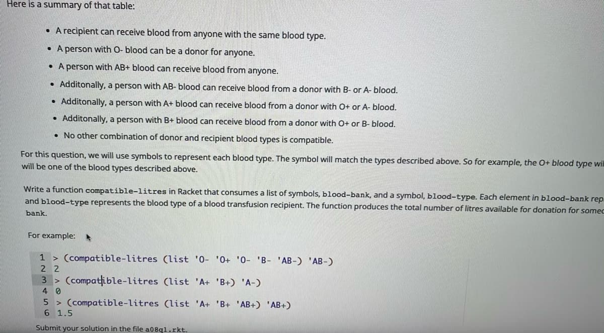 Here is a summary of that table:
• A recipient can receive blood from anyone with the same blood type.
• A person with O- blood can be a donor for anyone.
• A person with AB+ blood can receive blood from anyone.
Additonally, a person with AB- blood can receive blood from a donor with B- or A- blood.
• Additonally, a person with A+ blood can receive blood from a donor with O+ or A- blood.
Additonally, a person with B+ blood can receive blood from a donor with O+ or B- blood.
• No other combination of donor and recipient blood types is compatible.
For this question, we will use symbols to represent each blood type. The symbol will match the types described above. So for example, the O+ blood type will
will be one of the blood types described above.
Write a function compatible-litres in Racket that consumes a list of symbols, blood-bank, and a symbol, blood-type. Each element in blood-bank rep
and blood-type represents the blood type of a blood transfusion recipient. The function produces the total number of litres available for donation for somec
bank.
For example:
> (compatible-litres (list '0- '0+ '0- 'B- 'AB-) 'AB-)
2 2
3 > (compatfible-litres (list 'A+ 'B+) 'A-)
4 0
5 > (compatible-litres (list 'A+ 'B+ 'AB+) 'AB+)
6 1.5
Submit your solution in the file a08ql.rkt.
