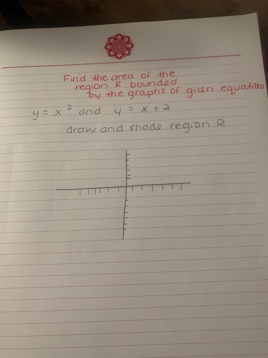 Find the area.of.the
region.. R bounded
by the graphs of gien equation
and y = X +2
2
y= x.
draw and. shade.regidn.
.R.
