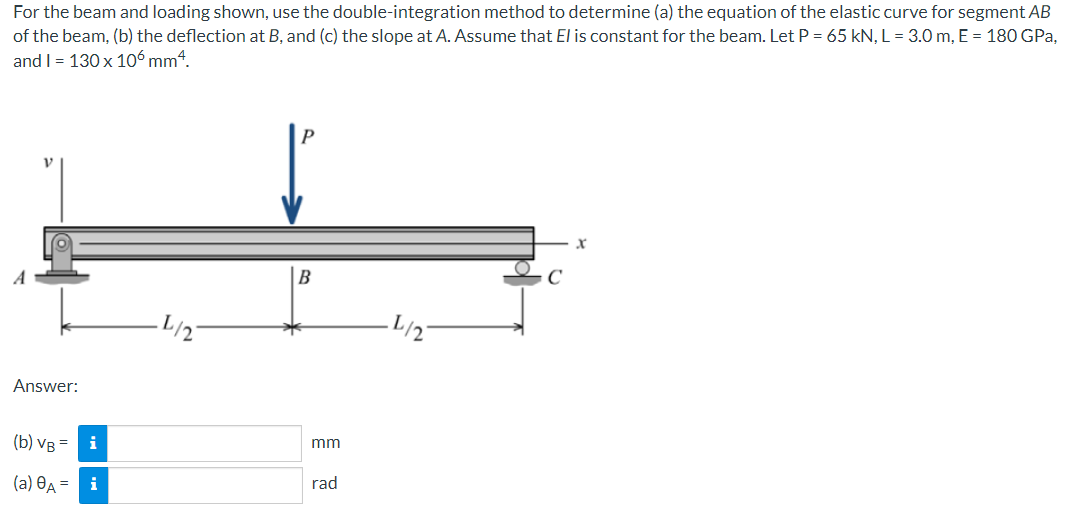 For the beam and loading shown, use the double-integration method to determine (a) the equation of the elastic curve for segment AB
of the beam, (b) the deflection at B, and (c) the slope at A. Assume that El is constant for the beam. Let P = 65 kN, L = 3.0 m, E = 180 GPa,
and I = 130 x 106 mm4.
L/2
L/2-
Answer:
mm
(b) VB = i
rad
(a) ĐA = i
