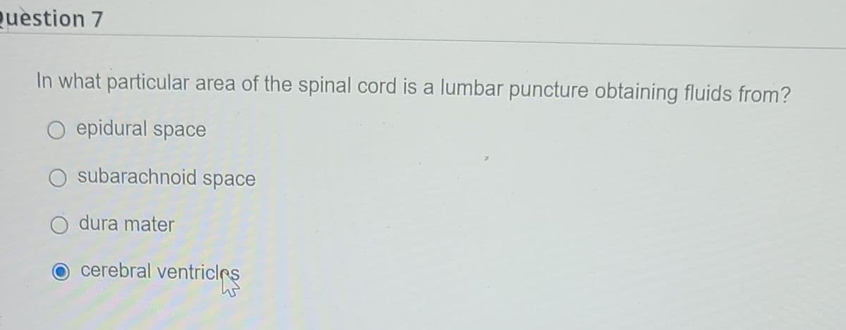 Question 7
In what particular area of the spinal cord is a lumbar puncture obtaining fluids from?
O epidural space
O subarachnoid space
O dura mater
cerebral ventricles