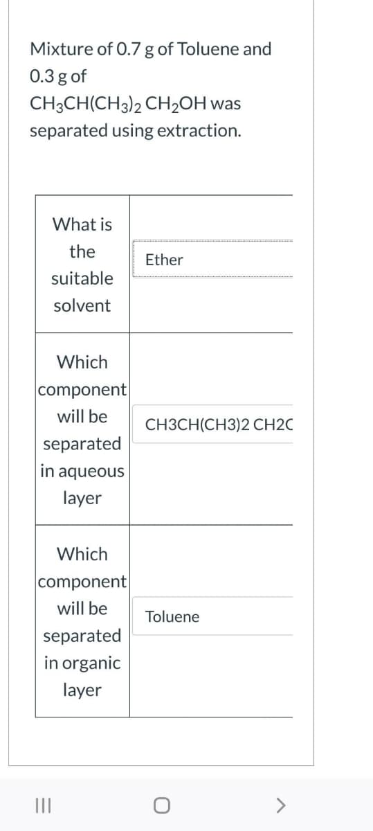 Mixture of 0.7 g of Toluene and
0.3 g of
CH3CH(CH3)2 CH2OH was
separated using extraction.
What is
the
Ether
suitable
solvent
Which
component
will be
CH3CH(CH3)2 CH2C
separated
in aqueous
layer
Which
component
will be
Toluene
separated
in organic
layer
II
>
