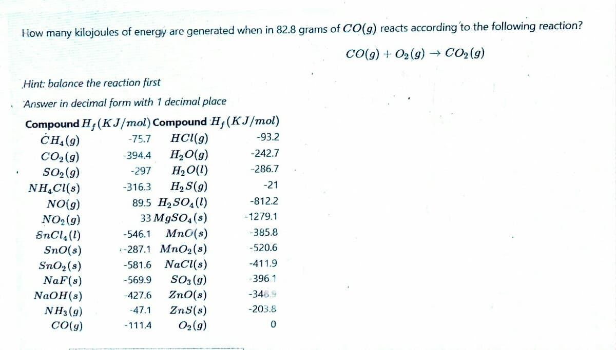 How many kilojoules of energy are generated when in 82.8 grams of CO(g) reacts according to the following reaction?
CO(g) + O2 (g) –→ CO2(9)
Hint: balance the reaction first
Answer in decimal form with 1 decimal place
Compound H;(KJ/mol) Compound H;(KJ/mol)
HC(g)
H,O(g)
H2O(1)
H,S(g)
89.5 H2SO4(1)
33 M9SO4(8)
-546.1 Mn0(s)
:-287.1 MnO2(s)
NaCl(s)
SO3 (g)
ZnO(s)
ZnS(s)
O2(9)
CH(9)
-93.2
-75.7
-242.7
CO2(g)
SO2 (9)
NH,Cl(s)
NO(g)
-394.4
-297
-286.7
-316.3
-21
-812.2
-1279.1
NO2(g)
SnCl4(1)
Sn0(s)
SnO2(s)
NaF(s)
NaOH(s)
NH3 (9)
CO(g)
-385.8
-520.6
-581.6
-411.9
-569.9
-396 1
-427.6
-3469
-47.1
-203.8
-111.4
