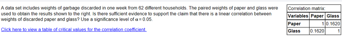 A data set includes weights of garbage discarded in one week from 62 different households. The paired weights of paper and glass were
used to obtain the results shown to the right. Is there sufficient evidence to support the claim that there is a linear correlation between
weights of discarded paper and glass? Use a significance level of a = 0.05.
Correlation matrix:
Variables Paper Glass
|Раper
10.1620
Click here to view a table of critical values for the correlation coefficient.
Glass
0.1620
