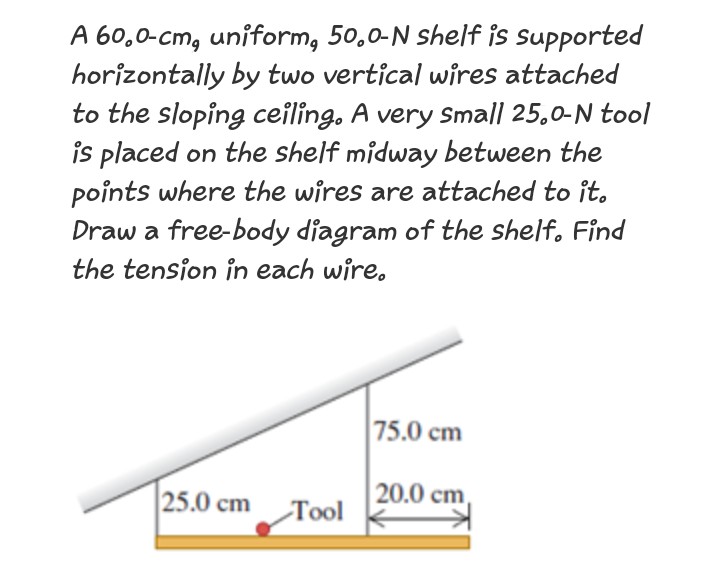A 60,0-cm, uniform, 50,0-N shelf is supported
horizontally by two vertical wires attached
to the sloping ceiling. A very Small 25,0-N tool
is placed on the shelf midway between the
points where the wires are attached to it.
Draw a free-body diagram of the shelf. Find
the tension in each wire.
|75.0 cm
25.0 cm Tool
20.0 cm,
