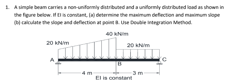1. A simple beam carries a non-uniformly distributed and a uniformly distributed load as shown in
the figure below. If El is constant, (a) determine the maximum deflection and maximum slope
(b) calculate the slope and deflection at point B. Use Double Integration Method.
40 kN/m
20 kN/m
20 kN/m
A
4 m
3 m
El is constant
