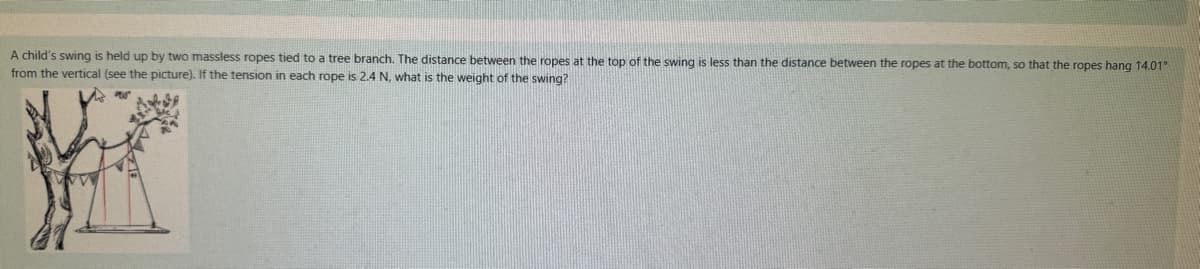 A child's swing is held up by two massless ropes tied to a tree branch. The distance between the ropes at the top of the swing is less than the distance between the ropes at the bottom, so that the ropes hang 14.01°
from the vertical (see the picture). If the tension in each rope is 2.4 N, what is the weight of the swing?