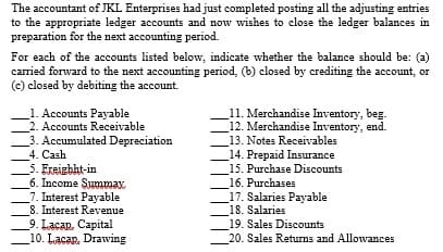 The accountant of JKL Enterprises had just completed posting all the adjusting entries
to the appropriate ledger accounts and now wishes to close the ledger balances in
preparation for the next accounting period.
For each of the accounts listed below, indicate whether the balance should be: (a)
carried forward to the next accounting period, (b) closed by crediting the account, or
(c) closed by debiting the account.
1. Accounts Payable
2. Accounts Receivable
3. Accumulated Depreciation
4. Cash
5.
Freighht-in
6. Income Summax
7. Interest Payable
8. Interest Revenue
9. Lacap, Capital
10. Lacan, Drawing
11. Merchandise Inventory, beg.
12. Merchandise Inventory, end.
13. Notes Receivables
14. Prepaid Insurance
15. Purchase Discounts
16. Purchases
17. Salaries Payable
18. Salaries
19. Sales Discounts
20. Sales Returns and Allowances