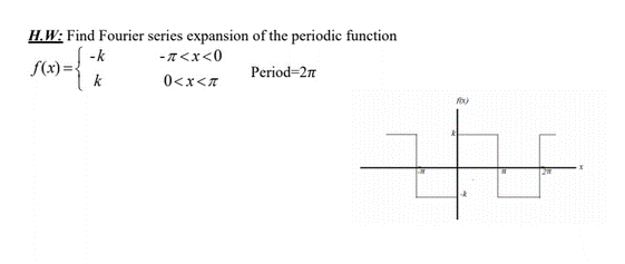 H.W: Find Fourier series expansion of the periodic function
-7<x<0
-k
f(x) = {
k
Period=2n
0<x<7
