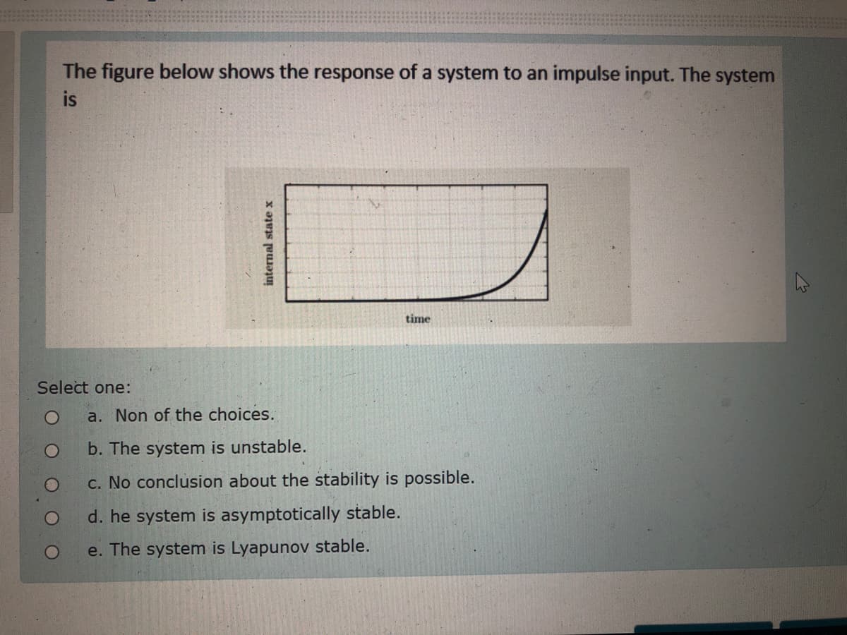 The figure below shows the response of a system to an impulse input. The system
is
time
Select one:
a. Non of the choices.
b. The system is unstable.
c. No conclusion about the stability is possible.
d. he system is asymptotically stable.
e. The system is Lyapunov stable.
internal state x
