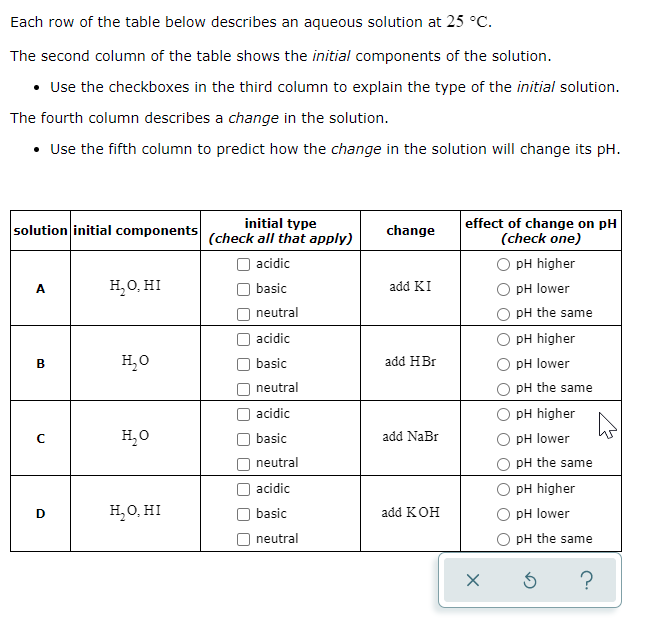 Each row of the table below describes an aqueous solution at 25 °C.
The second column of the table shows the initial components of the solution.
• Use the checkboxes in the third column to explain the type of the initial solution.
The fourth column describes a change in the solution.
Use the fifth column to predict how the change in the solution will change its pH.
initial type
solution initial components (check all that apply)
effect of change on pH
(check one)
change
acidic
pH higher
H,0, HI
A
basic
add KI
pH lower
neutral
pH the same
acidic
pH higher
B
H,0
basic
add HBr
pH lower
neutral
pH the same
acidic
pH higher
H,0
basic
add NaBr
O pH lower
neutral
pH the same
acidic
pH higher
H,0, HI
basic
add KOH
pH lower
neutral
pH the same
