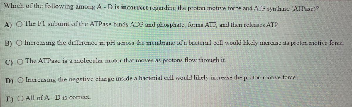 Which of the following among A- D is incorrect regarding the proton motive force and ATP synthase (ATPase)?
A) O The F1 subunit of the ATPase binds ADP and phosphate, forms ATP, and then releases ATP
B) O Increasıng the difference in pH across the membrane of a bacterial cell would likely increase its proton motive force.
O O The ATPase is a molecular motor that moves as protons flow through it.
D) O Increasing the negative charge inside a bacterial cell would likely increase the proton motive force.
E) O All of A- D is correct.
