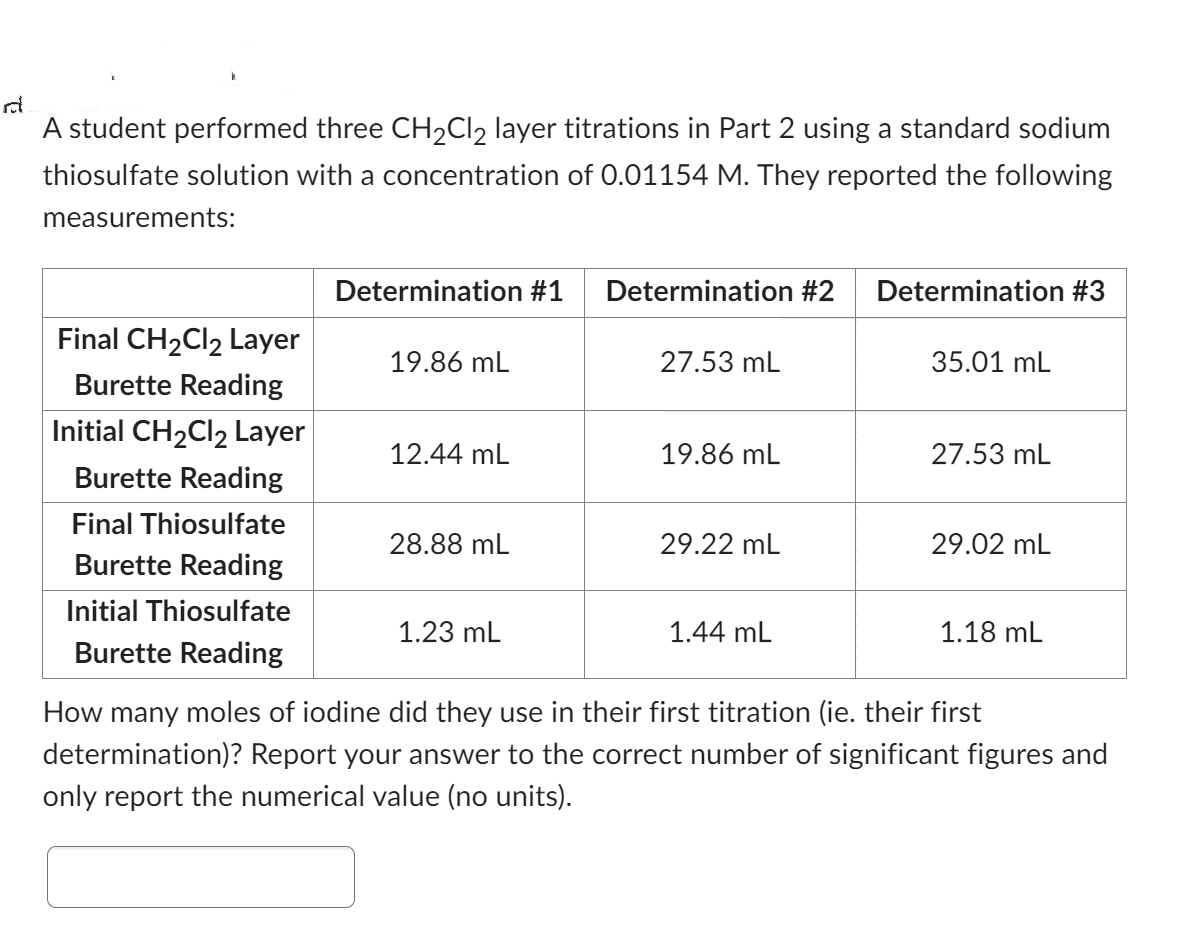 A student performed three CH₂Cl₂ layer titrations in Part 2 using a standard sodium
thiosulfate solution with a concentration of 0.01154 M. They reported the following
measurements:
Final CH₂Cl2 Layer
Burette Reading
Initial CH₂Cl₂ Layer
Burette Reading
Final Thiosulfate
Burette Reading
Initial Thiosulfate
Burette Reading
Determination #1
19.86 mL
12.44 mL
28.88 mL
1.23 mL
Determination #2
27.53 mL
19.86 mL
29.22 mL
1.44 mL
Determination #3
35.01 mL
27.53 mL
29.02 mL
1.18 ML
How many moles of iodine did they use in their first titration (ie. their first
determination)? Report your answer to the correct number of significant figures and
only report the numerical value (no units).