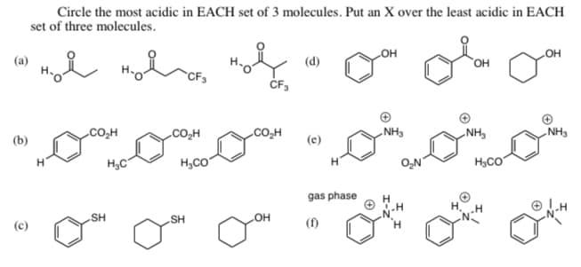 Circle the most acidic in EACH set of 3 molecules. Put an X over the least acidic in EACH
set of three molecules.
он
(a)
(d)
`OH
HO
CF3
CO,H
CO,H
CO,H
-NH3
„NH,
-NH3
(b)
(e)
H,CO
H3CO
gas phase
SH
SH
HO-
(f)
(c)
