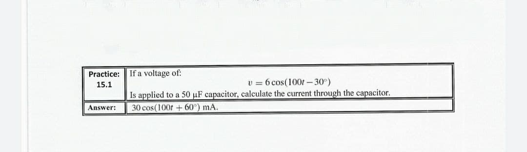 Practice:
If a voltage of:
15.1
v = 6 cos(100t-30°)
Is applied to a 50 µF capacitor, calculate the current through the capacitor.
30 cos(100t + 60°) mA.
Answer:
