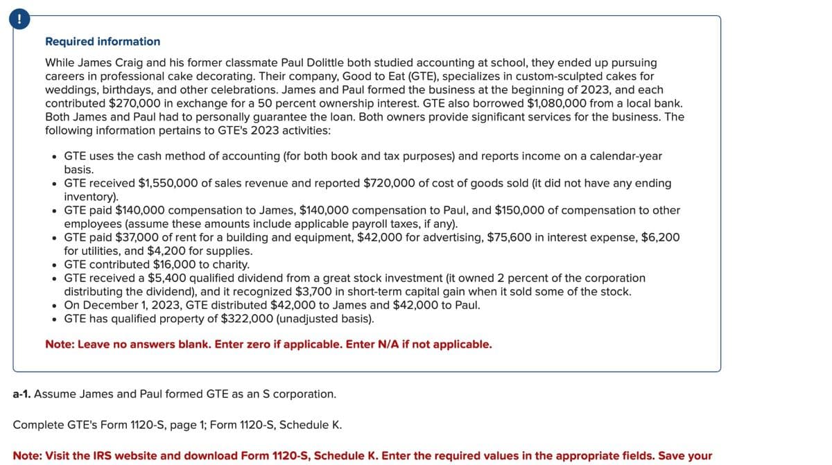 i
Required information
While James Craig and his former classmate Paul Dolittle both studied accounting at school, they ended up pursuing
careers in professional cake decorating. Their company, Good to Eat (GTE), specializes in custom-sculpted cakes for
weddings, birthdays, and other celebrations. James and Paul formed the business at the beginning of 2023, and each
contributed $270,000 in exchange for a 50 percent ownership interest. GTE also borrowed $1,080,000 from a local bank.
Both James and Paul had to personally guarantee the loan. Both owners provide significant services for the business. The
following information pertains to GTE's 2023 activities:
• GTE uses the cash method of accounting (for both book and tax purposes) and reports income on a calendar-year
basis.
• GTE received $1,550,000 of sales revenue and reported $720,000 of cost of goods sold (it did not have any ending
inventory).
• GTE paid $140,000 compensation to James, $140,000 compensation to Paul, and $150,000 of compensation to other
employees (assume these amounts include applicable payroll taxes, if any).
• GTE paid $37,000 of rent for a building and equipment, $42,000 for advertising, $75,600 in interest expense, $6,200
for utilities, and $4,200 for supplies.
• GTE contributed $16,000 to charity.
• GTE received a $5,400 qualified dividend from a great stock investment (it owned 2 percent of the corporation
distributing the dividend), and it recognized $3,700 in short-term capital gain when it sold some of the stock.
• On December 1, 2023, GTE distributed $42,000 to James and $42,000 to Paul.
• GTE has qualified property of $322,000 (unadjusted basis).
Note: Leave no answers blank. Enter zero if applicable. Enter N/A if not applicable.
a-1. Assume James and Paul formed GTE as an S corporation.
Complete GTE's Form 1120-S, page 1; Form 1120-S, Schedule K.
Note: Visit the IRS website and download Form 1120-S, Schedule K. Enter the required values in the appropriate fields. Save your