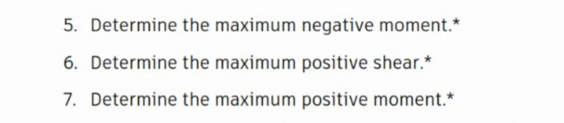 5. Determine the maximum negative moment.*
6. Determine the maximum positive shear.*
7. Determine the maximum positive moment.*
