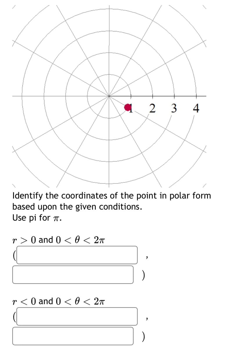 2 3 4
Identify the coordinates of the point in polar form
based upon the given conditions.
Use pi for π.
r> 0 and 0 <0 < 2π
r< 0 and 0 <0 < 2T
