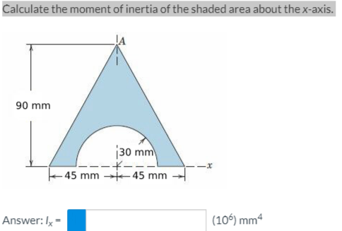 Calculate the moment of inertia of the shaded area about thex-axis.
90 mm
|30 mm
- 45 mm -45 mm
Answer: Ix =
(106) mm4
