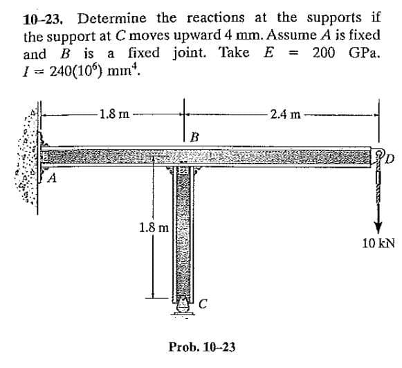 10-23. Determine the reactions at the supports if
the support at C moves upward 4 mm. Assume A is fixed
and B is a fixed joint. Take E = 200 GPa.
I = 240(106) mm*.
-1.8 m
1.8 m
+₁
B
C
Prob. 10-23
2.4 m-
D
10 kN