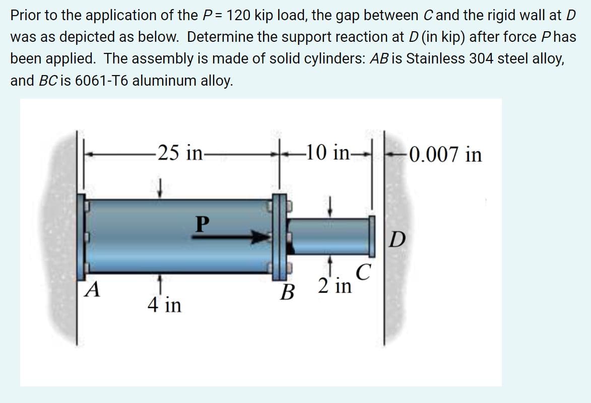Prior to the application of the P= 120 kip load, the gap between Cand the rigid wall at D
was as depicted as below. Determine the support reaction at D (in kip) after force Phas
been applied. The assembly is made of solid cylinders: AB is Stainless 304 steel alloy,
and BC is 6061-T6 aluminum alloy.
-25 in-
-10 in-
-0.007 in
D
C
2 in
ГА
В
4 in

