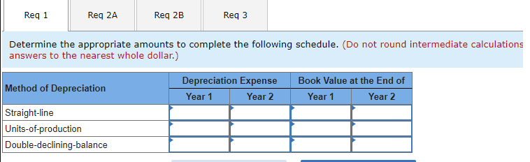 Req 1
Req 2A
Req 2B
Method of Depreciation
Straight-line
Units-of-production
Double-declining-balance
Req 3
Determine the appropriate amounts to complete the following schedule. (Do not round intermediate calculations
answers to the nearest whole dollar.)
Depreciation Expense
Year 1
Year 2
Book Value at the End of
Year 1
Year 2
