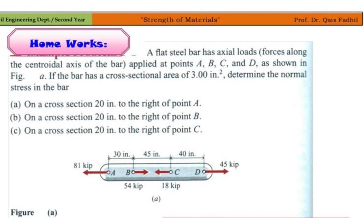 il Engineering Dept. /Second Year
"Strength of Materials"
Home Works:
A flat steel bar has axial loads (forces along
the centroidal axis of the bar) applied at points A, B, C, and D, as shown in
Fig. a. If the bar has a cross-sectional area of 3.00 in.², determine the normal
stress in the bar
(a) On a cross section 20 in. to the right of point A.
(b) On a cross section 20 in. to the right of point B.
(c) On a cross section 20 in. to the right of point C.
Figure (a)
81 kip
30 in. 45 in.
OA BOC
18 kip
54 kip
40 in.
(a)
Do
Prof. Dr. Qais Fadhil
45 kip