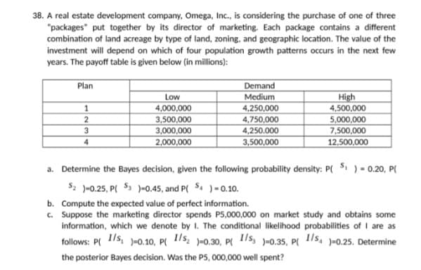 38. A real estate development company, Omega, Inc., is considering the purchase of one of three
"packages" put together by its director of marketing. Each package contains a different
combination of land acreage by type of land, zoning, and geographic location. The value of the
investment will depend on which of four population growth patterns occurs in the next few
years. The payoff table is given below (in millions):
Plan
Demand
Low
Medium
High
4,500,000
4,000,000
3,500,000
3,000,000
2,000,000
4,250,000
2
4,750,000
4,250.000
5,000,000
7,500,000
12,500,000
4
3,500,000
a. Determine the Bayes decision, given the following probability density: P( S: ) - 0.20, P(
$2 )-0.25, P( $ )-0.45, and P( S. )-0.10.
b. Compute the expected value of perfect information.
c. Suppose the marketing director spends P5,000,000 on market study and obtains some
information, which we denote by I. The conditional likelihood probabilities of I are as
follows: P( 1/s, -0.10, P( 11s, )-0.30, P( 11s, -0.35, PI 11s, )-0.25. Determine
the posterior Bayes decision. Was the P5, 000,000 well spent?
