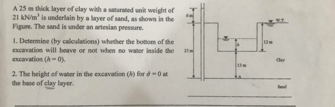 A 25 m thick layer of clay with a saturated unit weight of
21 kN/m³ is underlain by a layer of sand, as shown in the
Figure. The sand is under an artesian pressure.
1. Determine (by calculations) whether the bottom of the
excavation will heave or not when no water inside the
excavation (h= 0).
2. The height of water in the excavation (h) for ó = 0 at
the base of clay layer.
6 m
25 m
13 m
12 m
W.T.
Clay
Sand