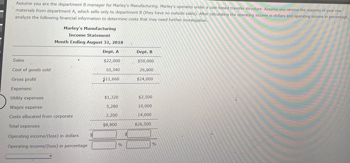 Assume you are the department B manager for Marley's Manufacturing. Marley's operates under a cost-based transfer structure. Assume you receive the majority of your raw
materials from department A, which sells only to department B (they have no outside sales). After calculating the operating income in dollars and operating income in percentage,
analyze the following financial information to determine costs that may need further investigation.
Marley's Manufacturing
Income Statement
Month Ending August 31, 2018
Dept. A
Dept. B
Sales
$22,000
$50,000
Cost of goods sold
10,340
26,000
Gross profit
$11,660
$24,000
Expenses:
Utility expenses
$1,320
$2,500
Wages expense
5,280
10,000
Costs allocated from corporate
2,200
14,000
Total expenses
$8,800
$26,500
Operating income/(loss) in dollars
%$4
%
Operating income/(loss) in percentage
%24
