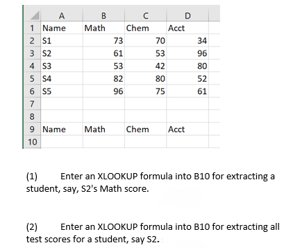 A
Name
B
Math
с
Chem
D
1
2 S1
73
70
3 S2
61
53
4 $3
53
42
5 $4
82
80
6 S5
96
75
7
8
9 Name
Math Chem Acct
10
(1)
Enter an XLOOKUP formula into B10 for extracting a
student, say, S2's Math score.
(2) Enter an XLOOKUP formula into B10 for extracting all
test scores for a student, say S2.
Acct
34
96
80
52
61