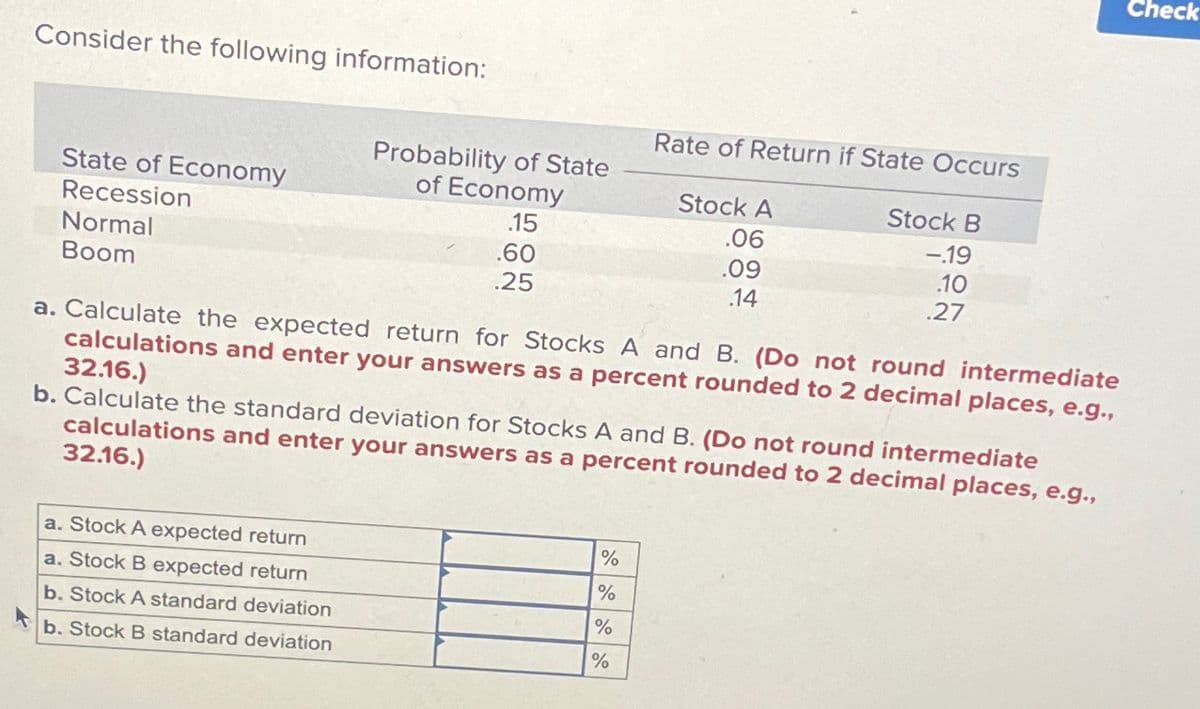 Consider the following information:
State of Economy
Probability of State
of Economy
Recession
.15
Normal
Boom
.60
.25
Rate of Return if State Occurs
Stock A
.06
.09
14
Stock B
-.19
.10
.27
Check
a. Calculate the expected return for Stocks A and B. (Do not round intermediate
calculations and enter your answers as a percent rounded to 2 decimal places, e.g.,
32.16.)
b. Calculate the standard deviation for Stocks A and B. (Do not round intermediate
calculations and enter your answers as a percent rounded to 2 decimal places, e.g.,
32.16.)
k
a. Stock A expected return
a. Stock B expected return
b. Stock A standard deviation
b. Stock B standard deviation
%
%
%
%