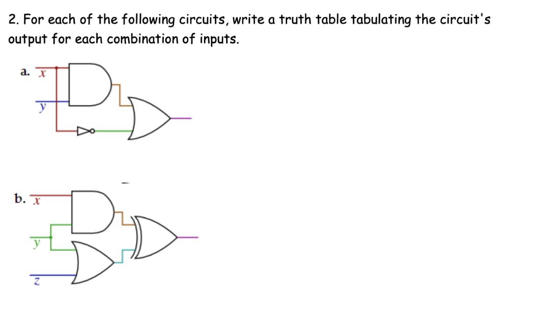 2. For each of the following circuits, write a truth table tabulating the circuit's
output for each combination of inputs.
а. X
BD
b. X
