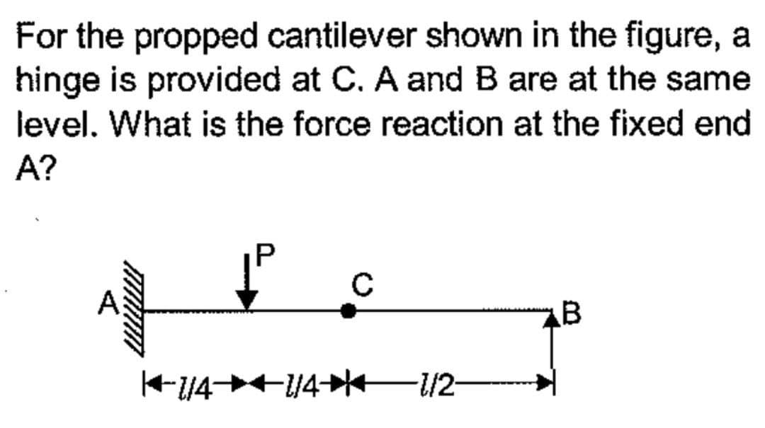 For the propped cantilever shown in the figure, a
hinge is provided at C. A and B are at the same
level. What is the force reaction at the fixed end
A?
P
ff.
A
с
1/4 1/4 1/2-
B