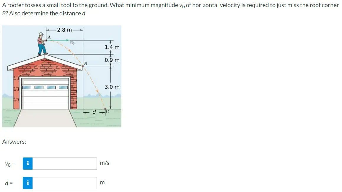 A roofer tosses a small tool to the ground. What minimum magnitude vo of horizontal velocity is required to just miss the roof corner
B? Also determine the distance d.
Answers:
Vo =
d =
i
i
-2.8 m
10
B
a
+
1.4 m
+9
0.9 m
3.0 m
m/s
m