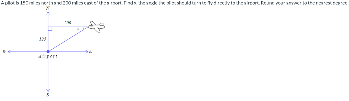 A pilot is 150 miles north and 200 miles east of the airport. Find x, the angle the pilot should turn to fly directly to the airport. Round your answer to the nearest degree.
N
W←
125
Airport
S
200
>E
