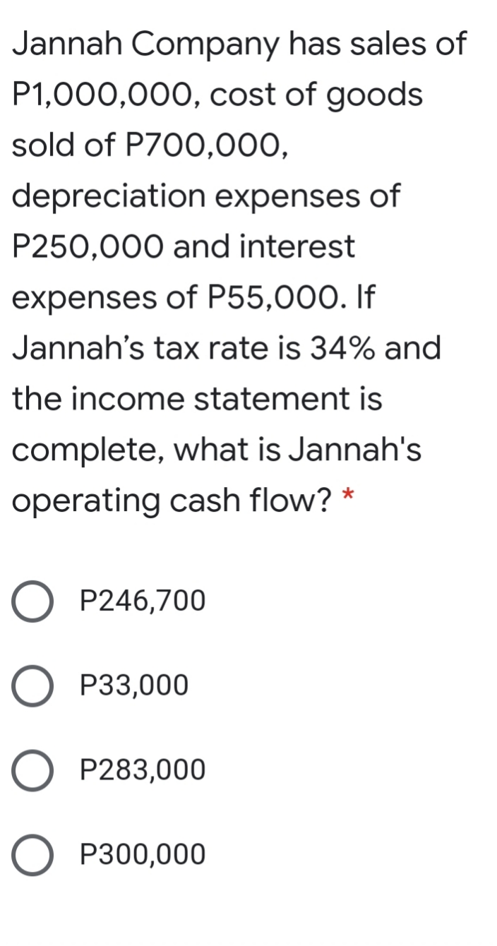 Jannah Company has sales of
P1,000,000, cost of goods
sold of P700,000,
depreciation expenses of
P250,000 and interest
expenses of P55,000. If
Jannah's tax rate is 34% and
the income statement is
complete, what is Jannah's
operating cash flow? *
O P246,700
O P33,000
O P283,000
O P300,000
