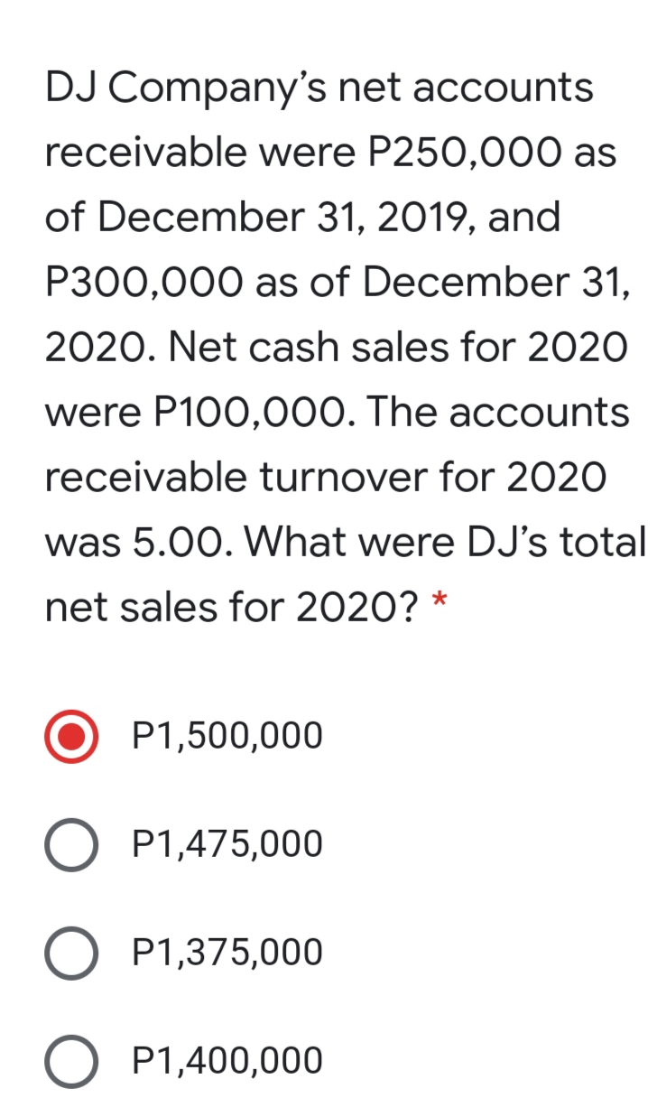 DJ Company's net accounts
receivable were P250,000 as
of December 31, 2019, and
P300,000 as of December 31,
2020. Net cash sales for 2020
were P100,000. The accounts
receivable turnover for 2020
was 5.00. What were DJ's total
net sales for 2020? *
P1,500,000
P1,475,000
P1,375,000
P1,400,000
