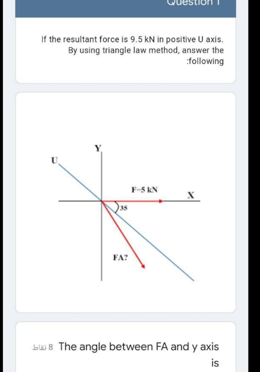 If the resultant force is 9.5 kN in positive U axis.
By using triangle law method, answer the
:following
Y
F-5 kN
X
35
FA?
blö 8 The angle between FA and y axis
is
