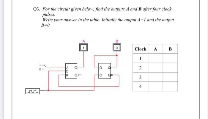 Q3. For the circuit given below, find the outputs A and B after four clock
pulses.
Write your answer in the table. Initially the output A=1 and the output
B=0
Clock
A
в
2
K
C
3
4
