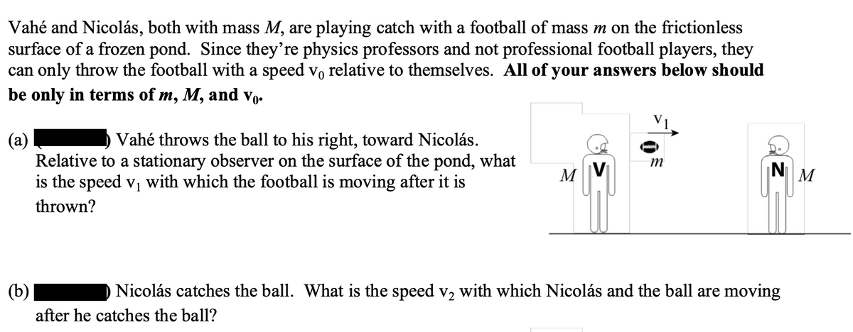 Vahé and Nicolás, both with mass M, are playing catch with a football of mass m on the frictionless
surface of a frozen pond. Since they're physics professors and not professional football players, they
can only throw the football with a speed vo
be only in terms of m, M, and vo-
relative to themselves. All of your answers below should
(а)
Relative to a stationary observer on the surface of the pond, what
is the speed v, with which the football is moving after it is
Vahé throws the ball to his right, toward Nicolás.
m
M
V
|NM
thrown?
(b)
Nicolás catches the ball. What is the speed v, with which Nicolás and the ball are moving
after he catches the ball?

