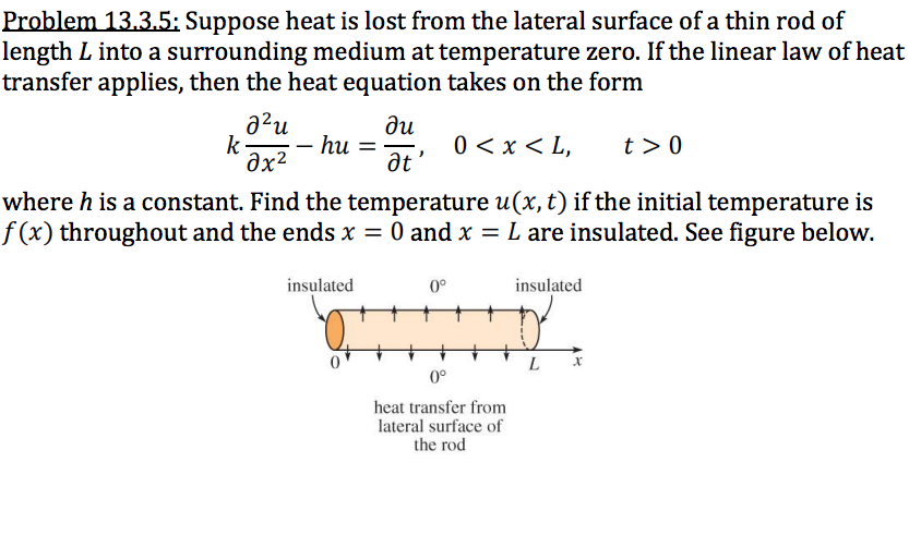 Problem 13.3.5: Suppose heat is lost from the lateral surface of a thin rod of
length L into a surrounding medium at temperature zero. If the linear law of heat
transfer applies, then the heat equation takes on the form
a²u
k
əx²
ди
һи —
at'
0 < x < L,
t > 0
where h is a constant. Find the temperature u(x,t) if the initial temperature is
f (x) throughout and the ends x = 0 and x = L are insulated. See figure below.
insulated
0°
insulated
L
0°
heat transfer from
lateral surface of
the rod
