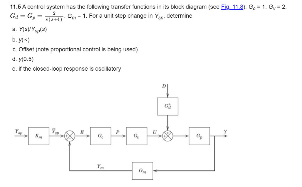 11.5 A control system has the following transfer functions in its block diagram (see Fig. 11.8): Gc= 1, G₁ = 2,
Gd = Gp = 3(3+4) Gm = 1. For a unit step change in Ysp, determine
a. Y(s)/Ysp(s)
b. y(∞)
c. Offset (note proportional control is being used)
d. y(0.5)
e. if the closed-loop response is oscillatory
Ysp
Km
Ysp.
E
Ge
Ym
P
Gu
Gm
U
Gd
Gp
Y